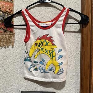 Vintage 70s/80s RARE Tots Town Fishing Shark Fish Dog AOP Kids Tank Top Size 2T